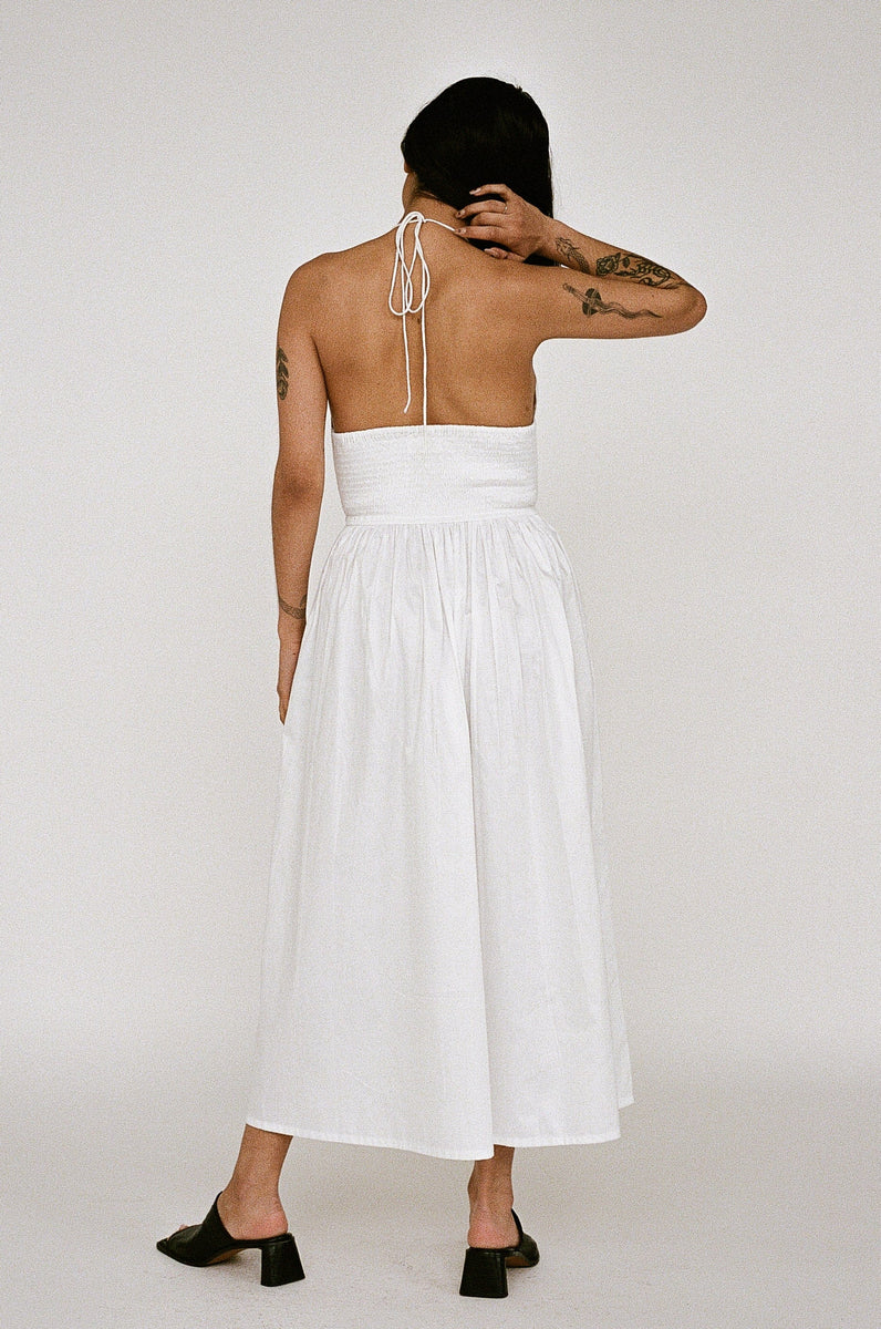 Halter Midi Dress - White Poplin