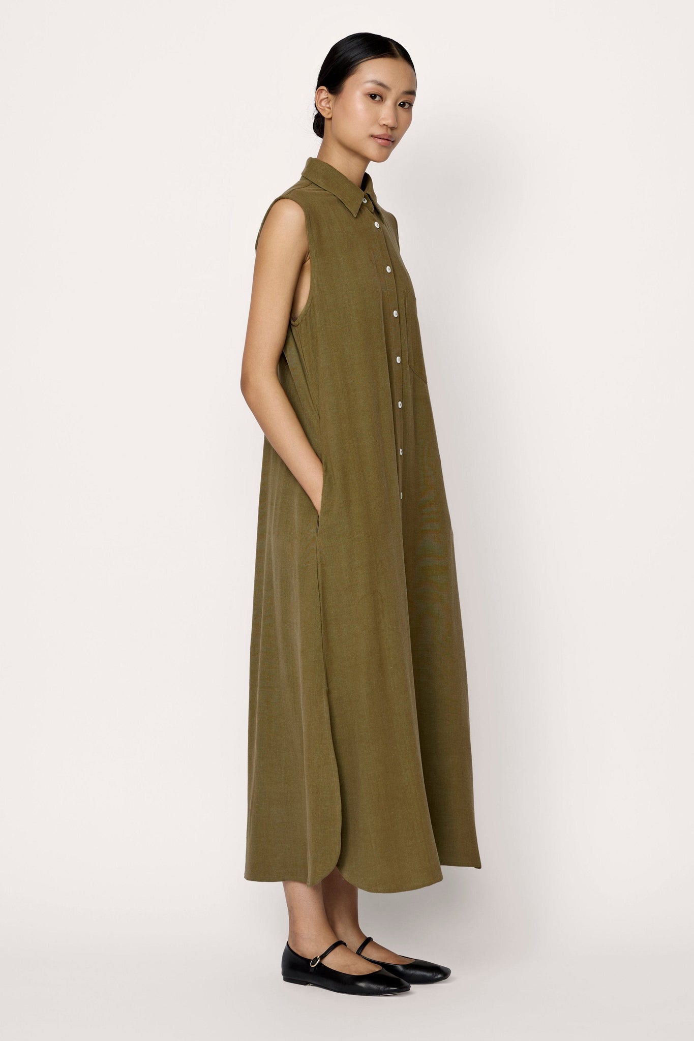 Sleeveless Shirt Dress - Olive Branch