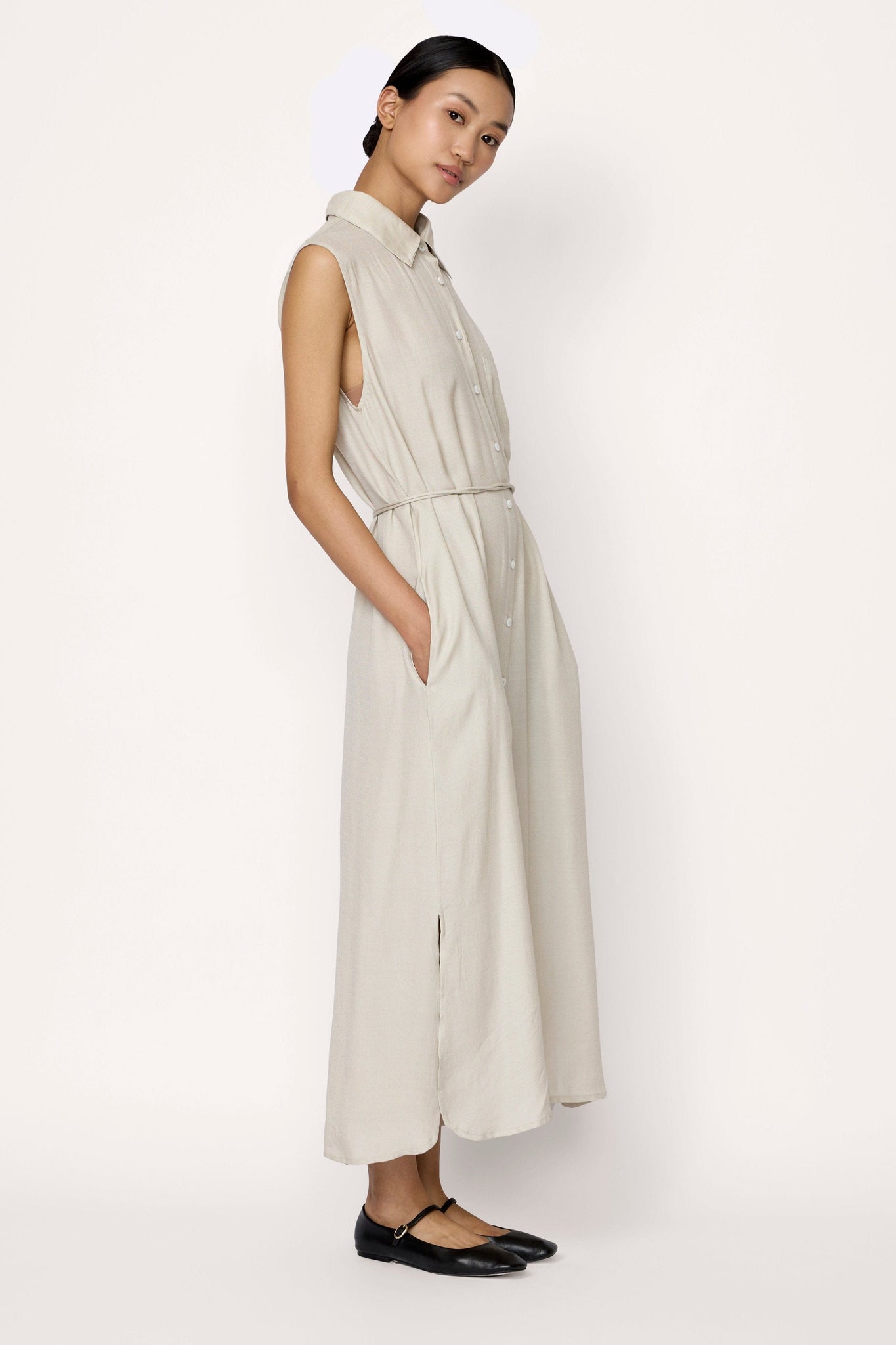 Sleeveless Shirt Dress - Natural