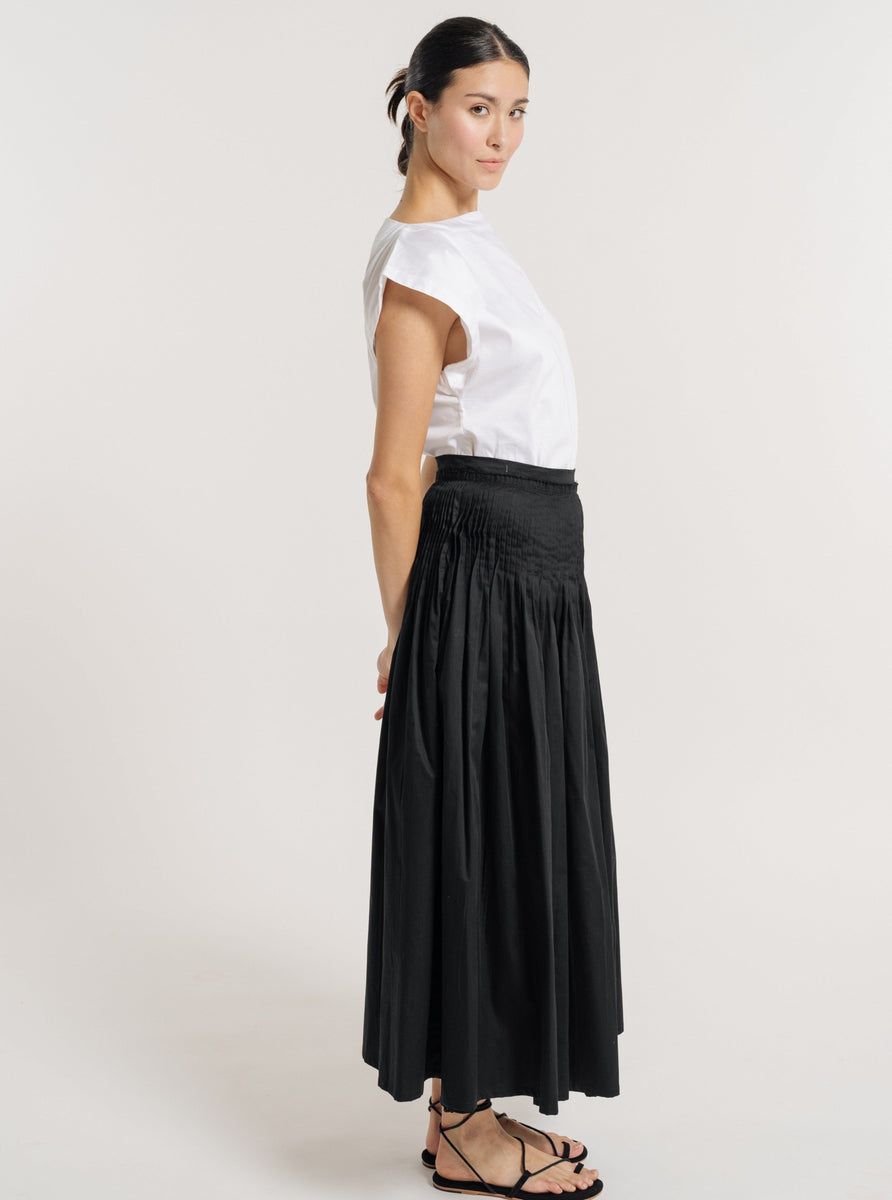 Drop Waist Pleated Skirt - Black Poplin