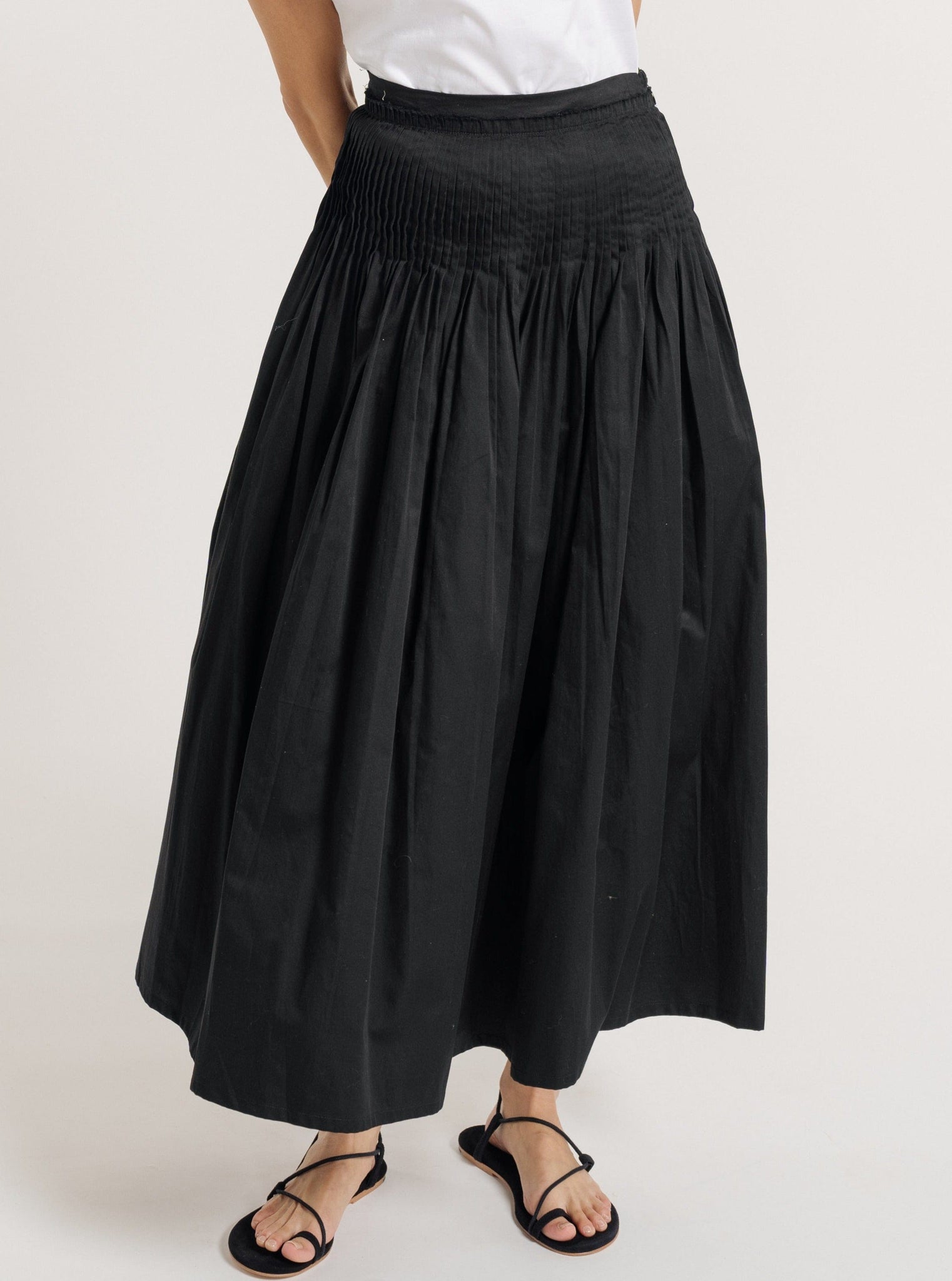 Drop Waist Pleated Skirt - Black Poplin