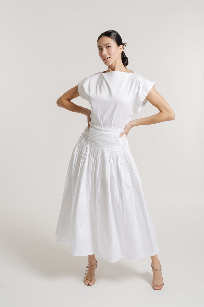 Drop Waist Pleated Skirt - White Poplin