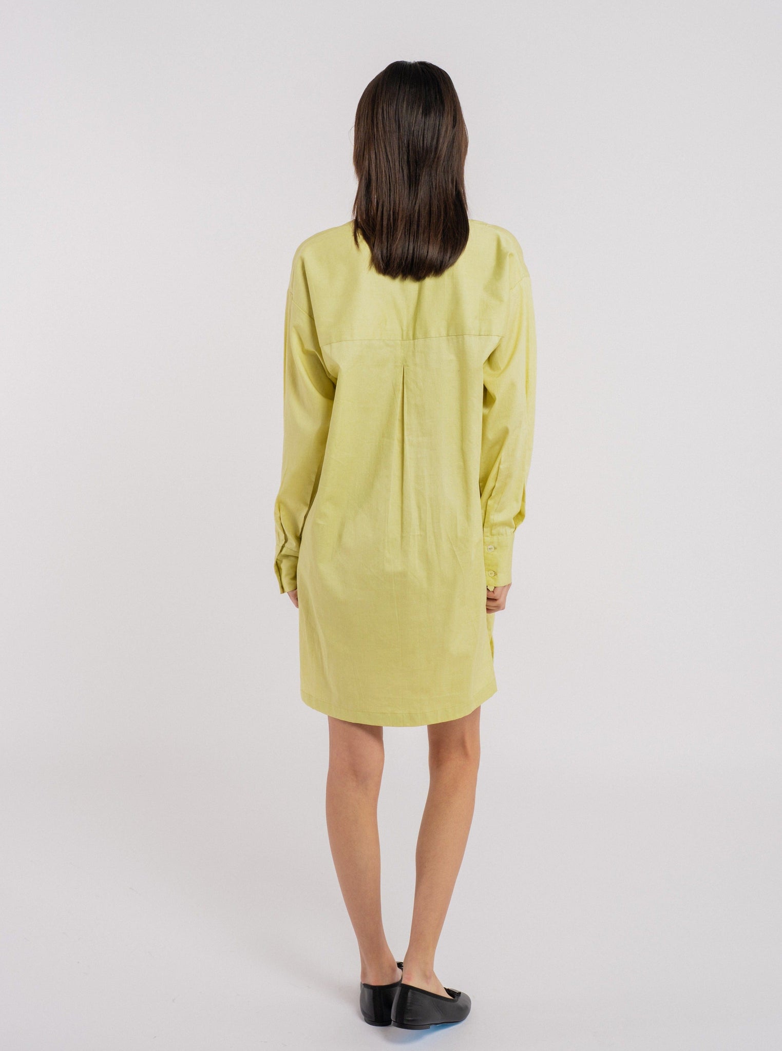 The back view of a woman wearing a Modern Tunic Dress - Celery Green.