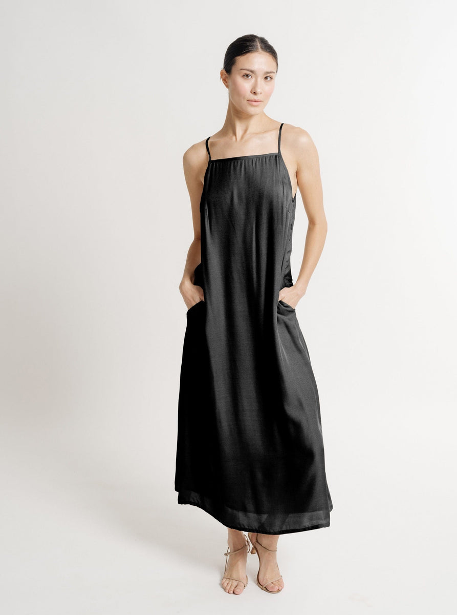 A sustainably made Kate Dress - Black in Bemberg Cupro Crepe fabric.