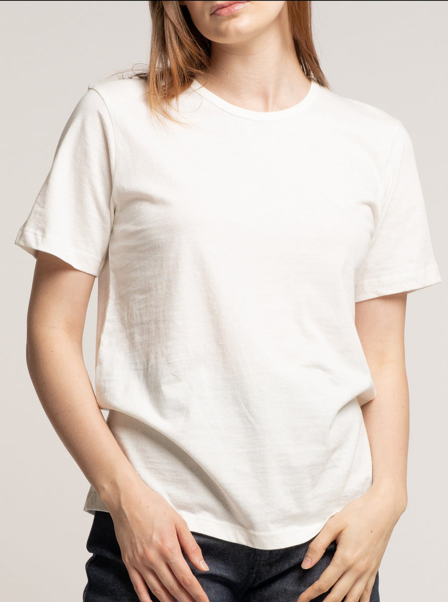 A woman wearing a white crewneck t-shirt made from organic cotton.