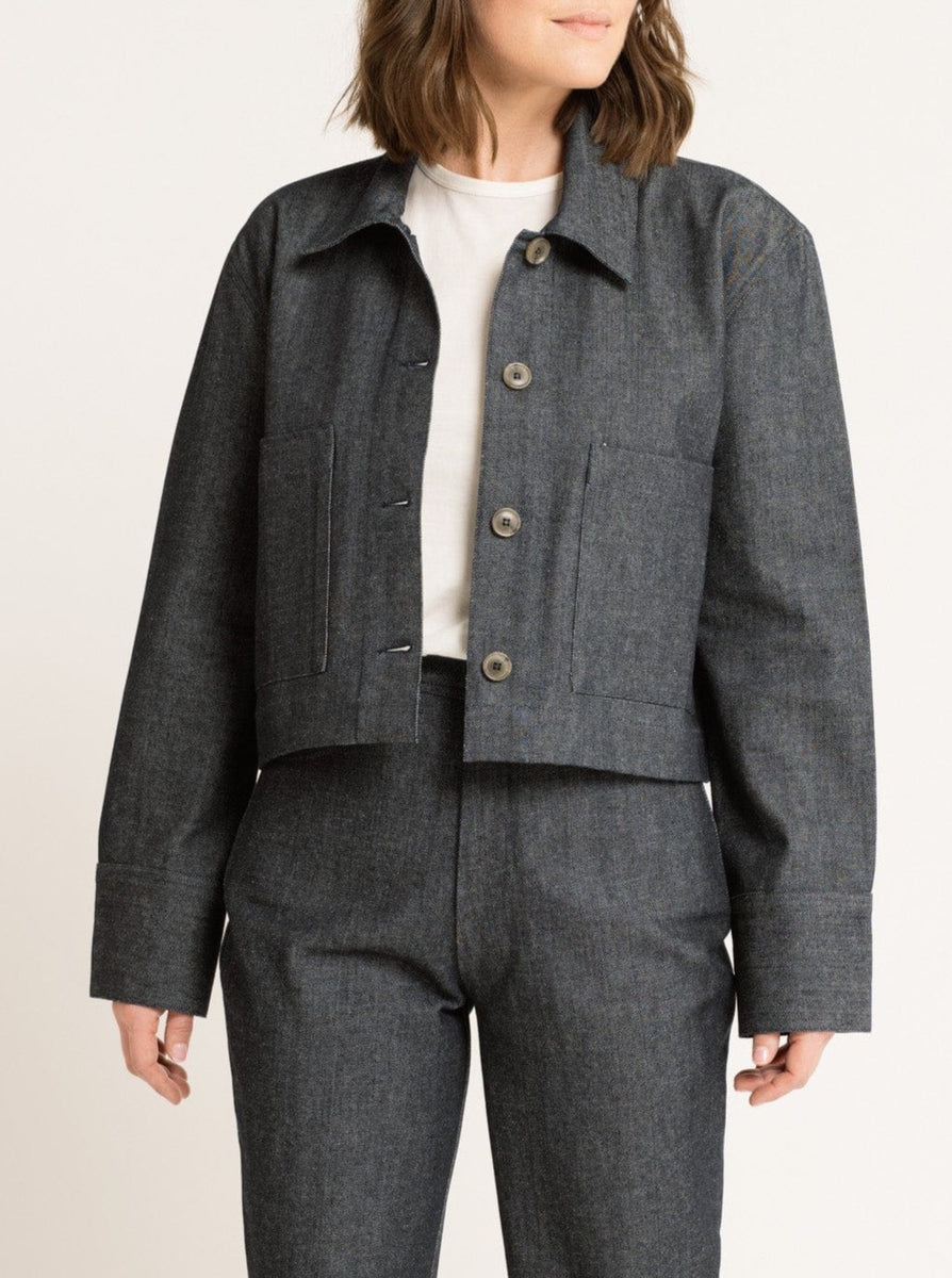 An everyday-approved woman donning a Camp Jacket - Vintage Denim.