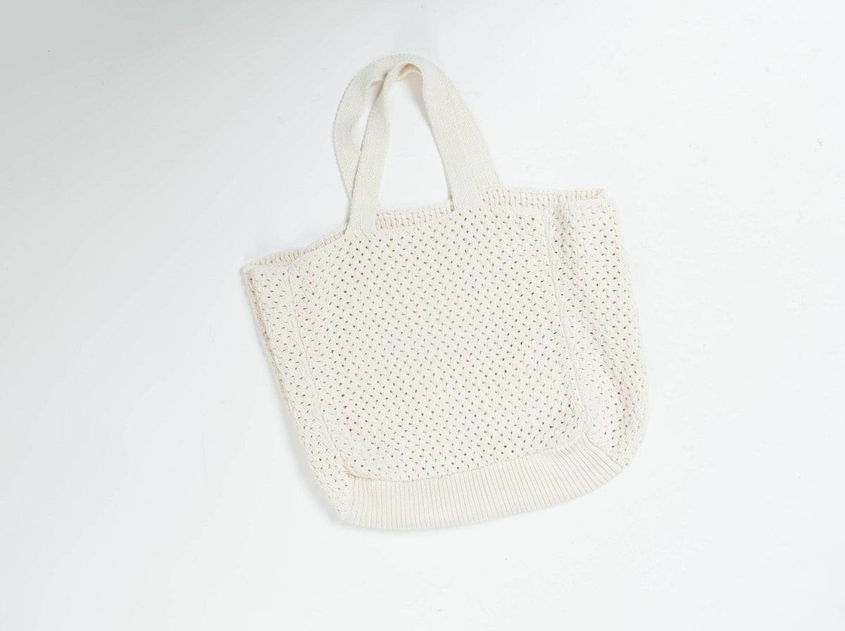 Handmade in Peru, Crochet Slouchy Tote - Ivory on a plain background.